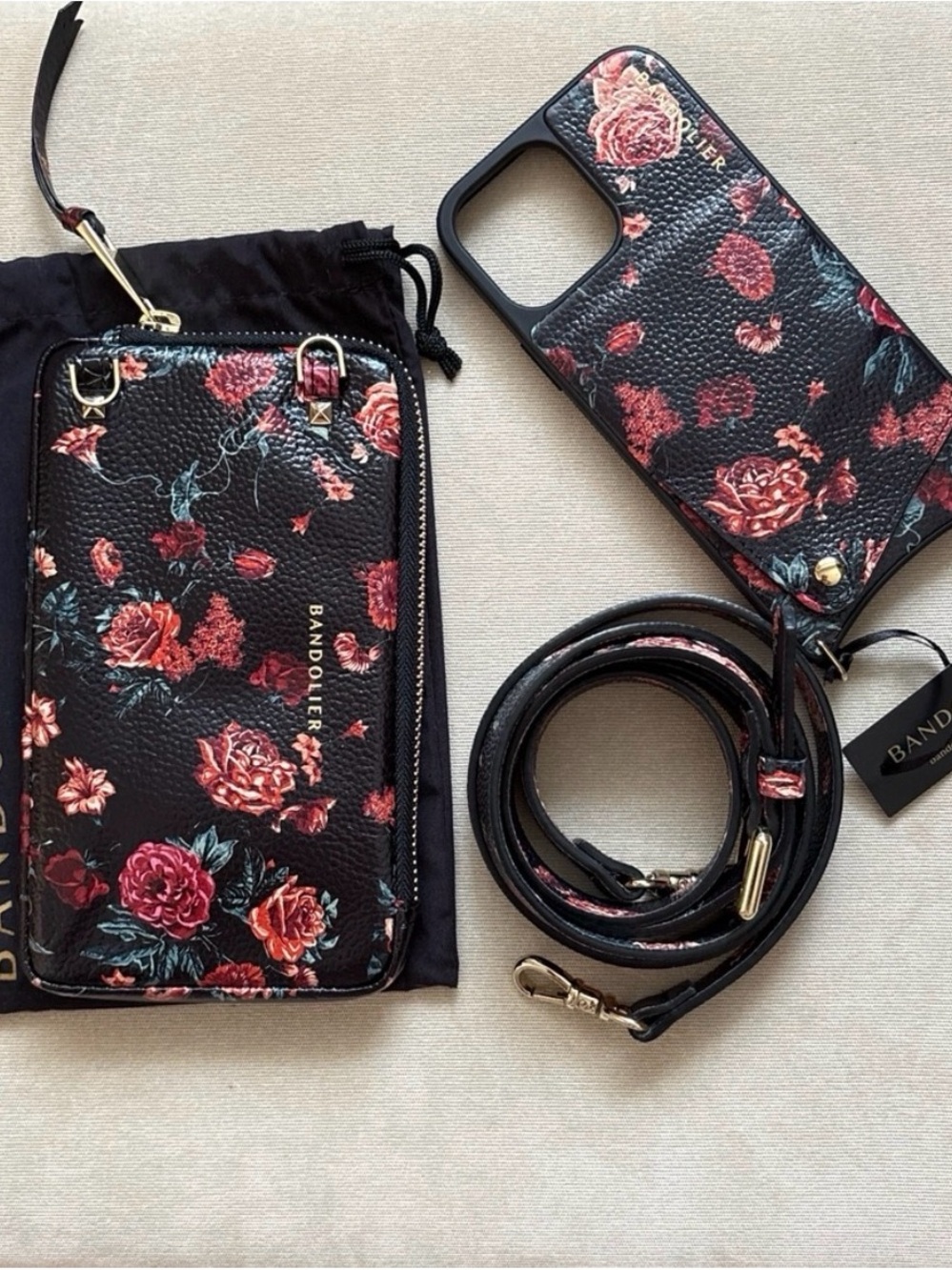 Bandolier Black Floral Crossbody Phone Wallet with Strap